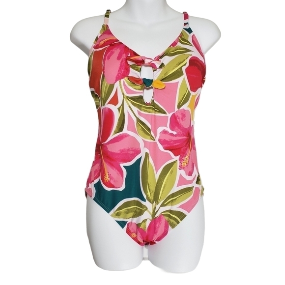 Beach Betty Pink Floral Front Tie One-Piece Sz M - Picture 1 of 5